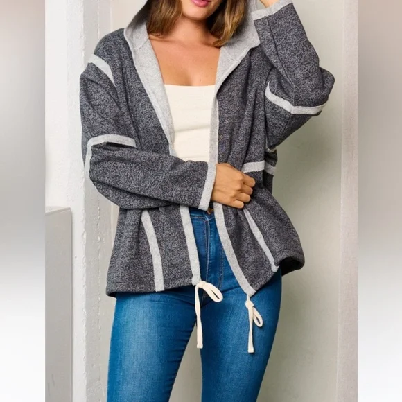 Denim Long Sleeve Hooded Open Front Cardigan - Picture 2 of 3